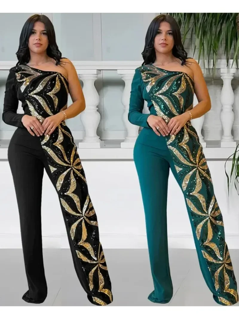 Dashiki African Jumpsuits For Women Long Sleeve Sequined One Shoulder Fashion Streetwear Overalls Wide Leg Pants Trousers 2025
Dashiki African Jumpsuits For Women Long Sleeve Sequined One Shoulder Fashion Streetwear Overalls Wide Leg Pants Trousers 2025