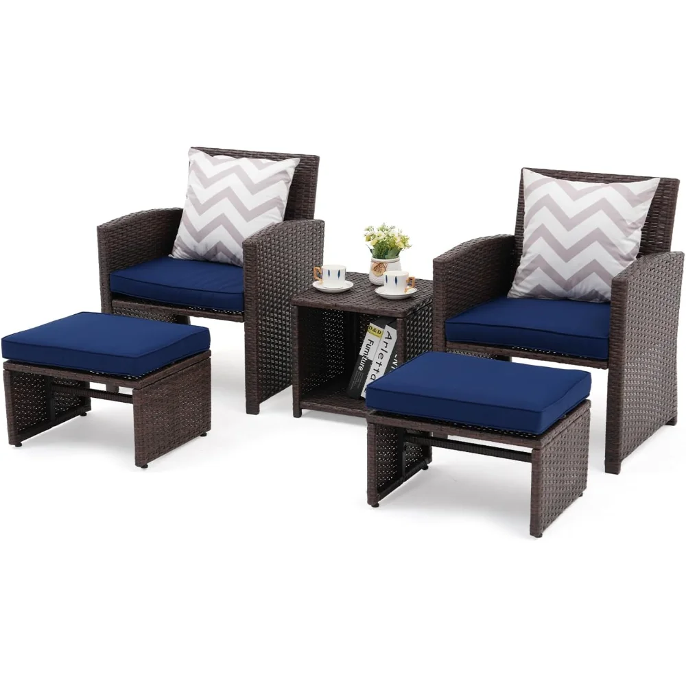 5 Pcs Patio Conversation Set Balcony Furniture Set with Cushions, Brown Wicker Chair with Ottoman, Storage Table for Backyard
5 Pcs Patio Conversation Set Balcony Furniture Set with Cushions, Brown Wicker Chair with Ottoman, Storage Table for Backyard