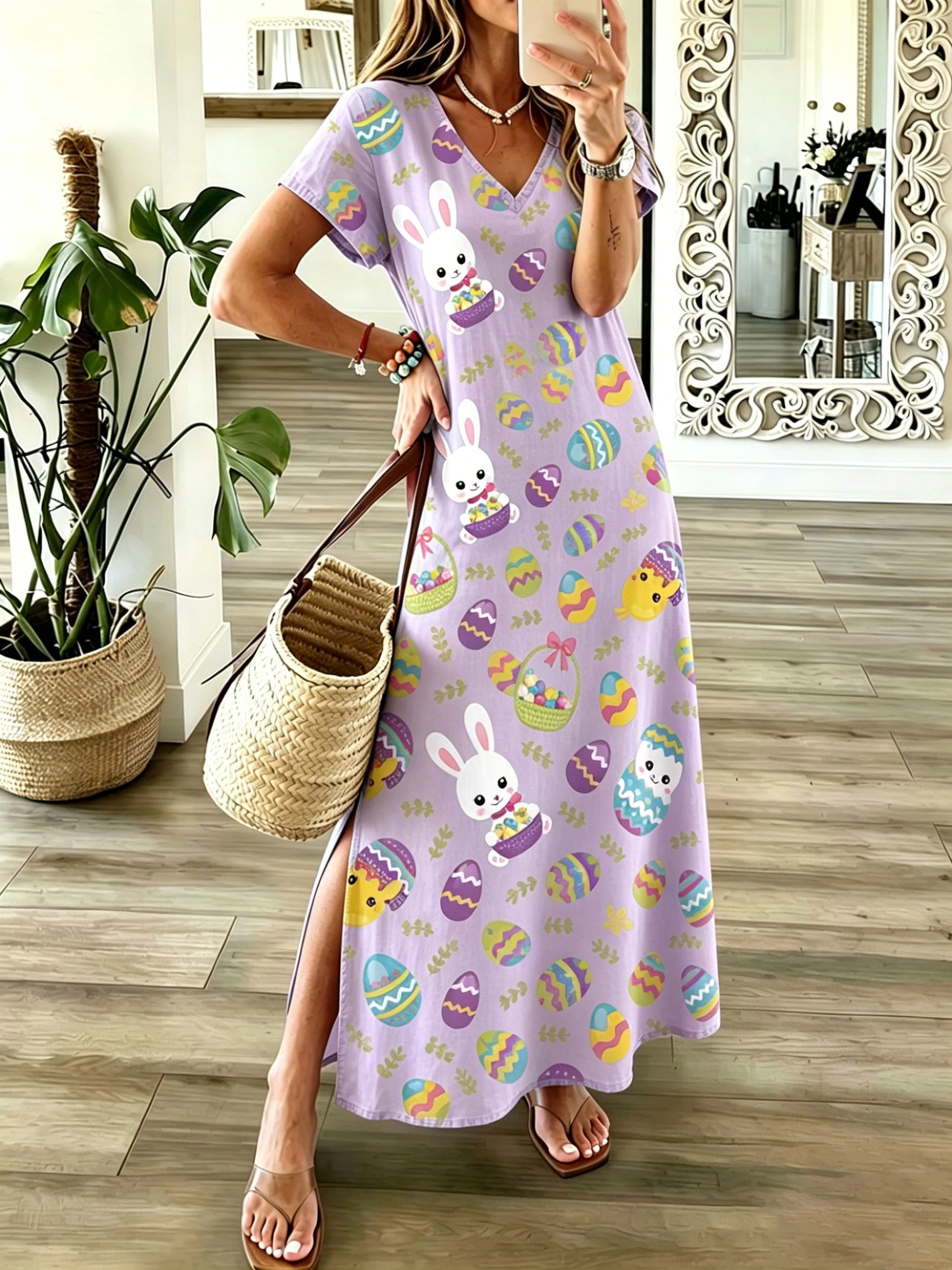 Easter Egg & Rabbit Print Casual Long Dress Women V-Neck Short Sleeve Loose Maxi Dress Spring Holiday Party Sundress
Easter Egg & Rabbit Print Casual Long Dress Women V-Neck Short Sleeve Loose Maxi Dress Spring Holiday Party Sundress