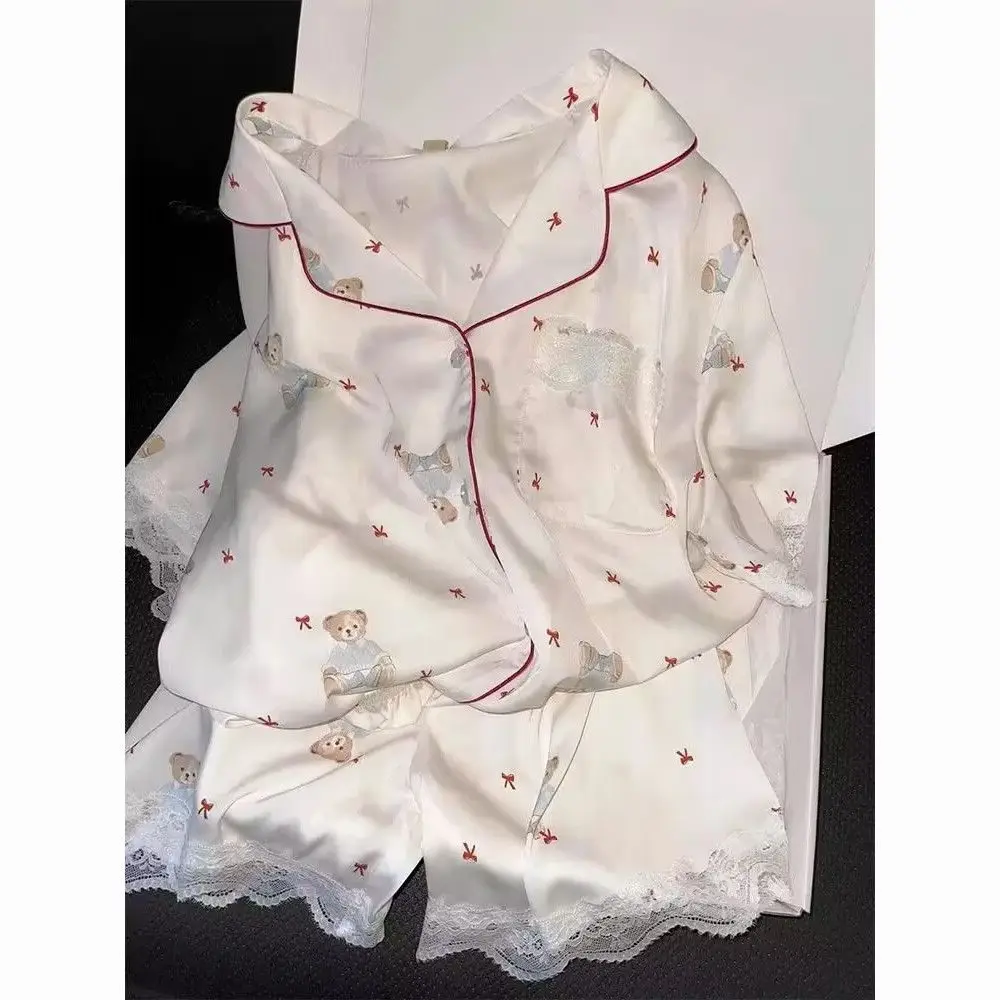 Summer Women's Pajama Set Ice Silk Short Sleeve Lapel Tops with Shorts Sleepwear 2 Piece Loungewear Nightwear Home Clothes
Summer Women's Pajama Set Ice Silk Short Sleeve Lapel Tops with Shorts Sleepwear 2 Piece Loungewear Nightwear Home Clothes