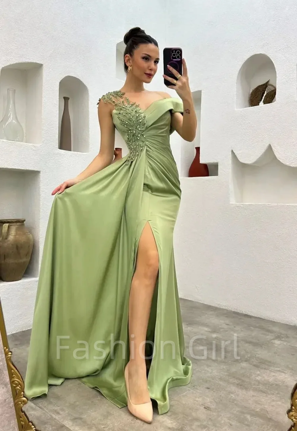 Зеленая атласная Русалка с бисером, кружевная наклейка, широкий ремешок, сексуальное плиссированное платье с разрезом длиной до пола, роскошное вечернее платье для торжественных случаев