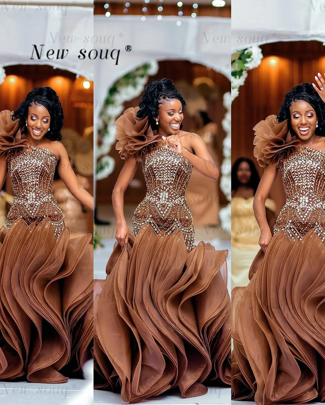 African Brown One Shoulder Luxury Heavy Crystals Evening Dresses with Long Ruffles Train Customized Black Girls Prom Gowns
African Brown One Shoulder Luxury Heavy Crystals Evening Dresses with Long Ruffles Train Customized Black Girls Prom Gowns