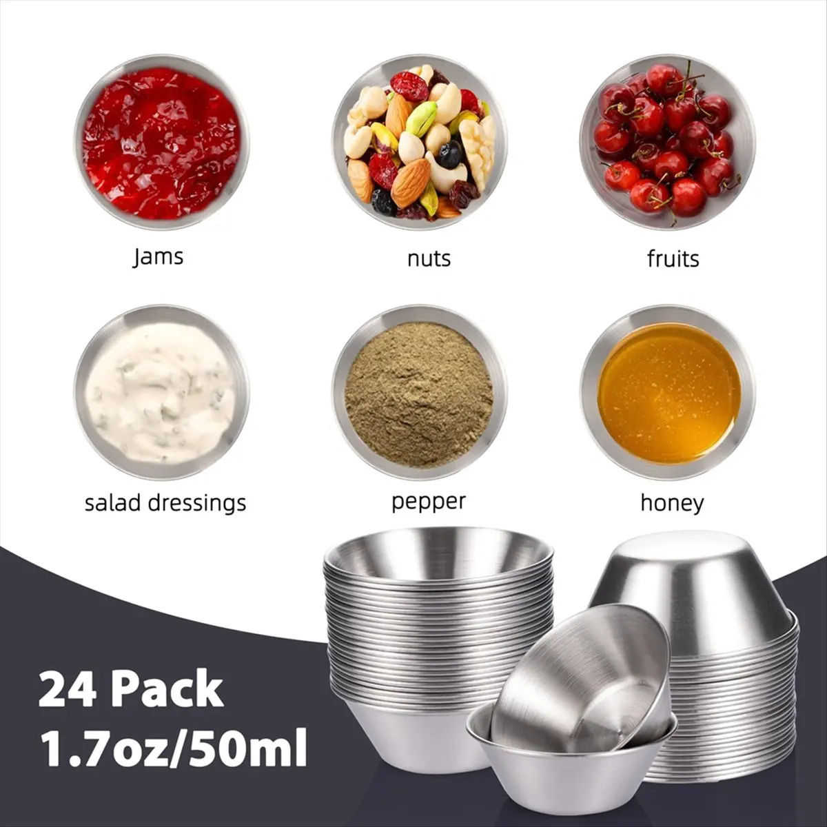 A95G 24 Pack Stainless Steel Sauce Cups,50ml Reusable Round Condiment Cups, Dipping Sauce Cup, Stackable Individual Metal Cup
A95G 24 Pack Stainless Steel Sauce Cups,50ml Reusable Round Condiment Cups, Dipping Sauce Cup, Stackable Individual Metal Cup