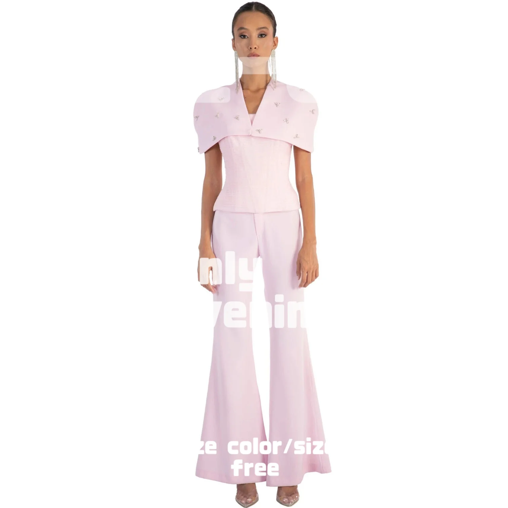 Customized Pink Strapless Corset Top Flare Pants Beaded Cape Chic Modern Evening Dresses Two Piece Set Prom Dress Party Gown
Customized Pink Strapless Corset Top Flare Pants Beaded Cape Chic Modern Evening Dresses Two Piece Set Prom Dress Party Gown