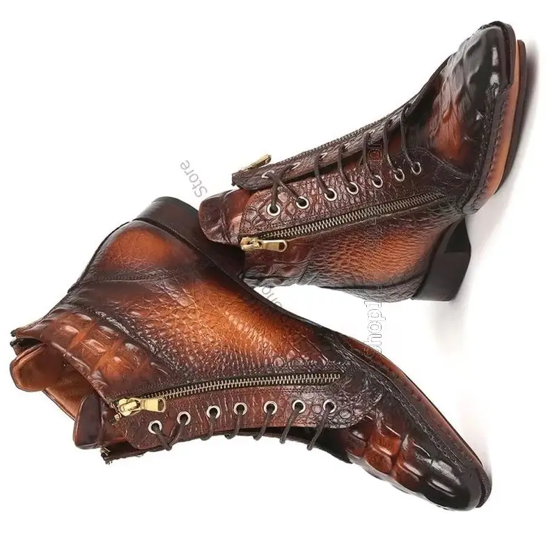 Brown Zipper Decor Alligator Print Strappy Ankle Boots Fashion Side Zipper Men Shoes Luxury Handmade Party Feast Men Dress Shoes
Brown Zipper Decor Alligator Print Strappy Ankle Boots Fashion Side Zipper Men Shoes Luxury Handmade Party Feast Men Dress Shoes