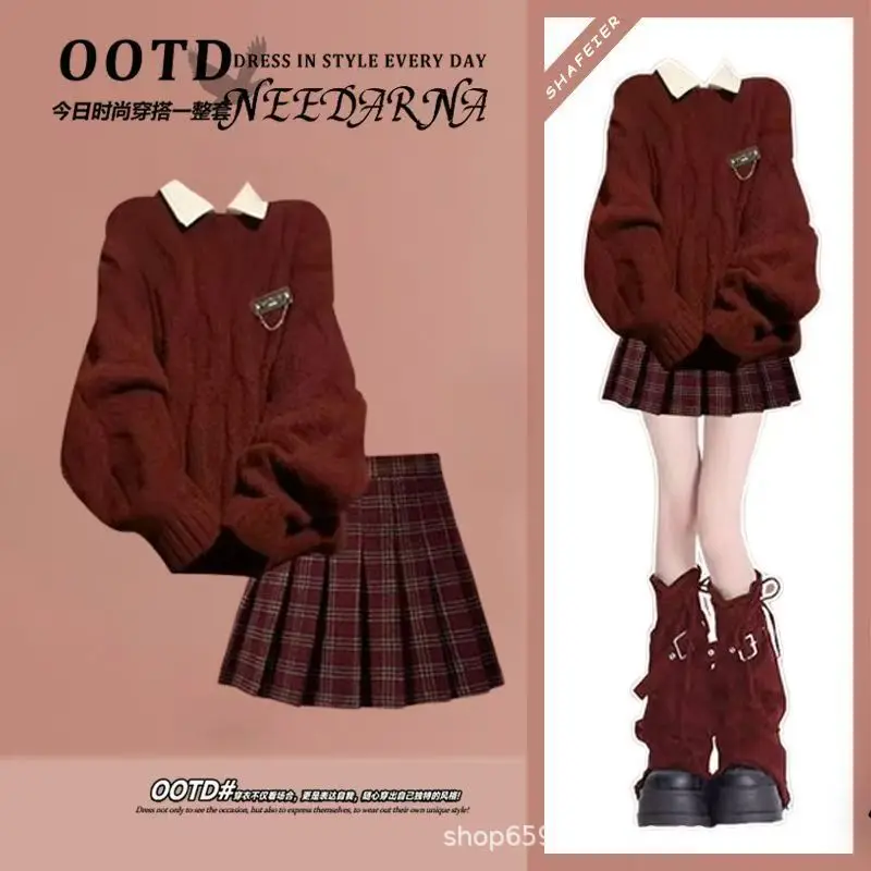 Fall/winter Outfit for Women 2025 New Korean Version Knitted Sweater Slimming Shirt Fashionable Pleated Skirt Three Piece Set
Fall/winter Outfit for Women 2025 New Korean Version Knitted Sweater Slimming Shirt Fashionable Pleated Skirt Three Piece Set