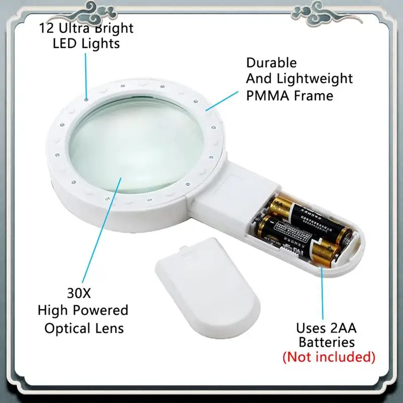 Hand-Held 30X High Magnification Magnifier With 12 LED Lamp Beads Is Suitable For The Elderly To Read Durable Easy To Use
Hand-Held 30X High Magnification Magnifier With 12 LED Lamp Beads Is Suitable For The Elderly To Read Durable Easy To Use