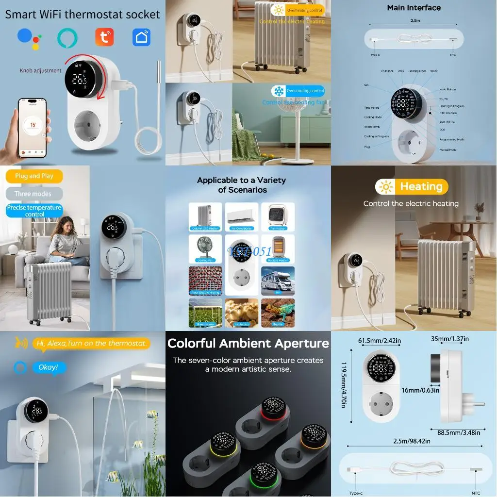 E15A Thermostat, Programmable WiFi thermostat socket, 1800W Digital Display, Rotary APP Controlled Temperature Control Socket
E15A Thermostat, Programmable WiFi thermostat socket, 1800W Digital Display, Rotary APP Controlled Temperature Control Socket