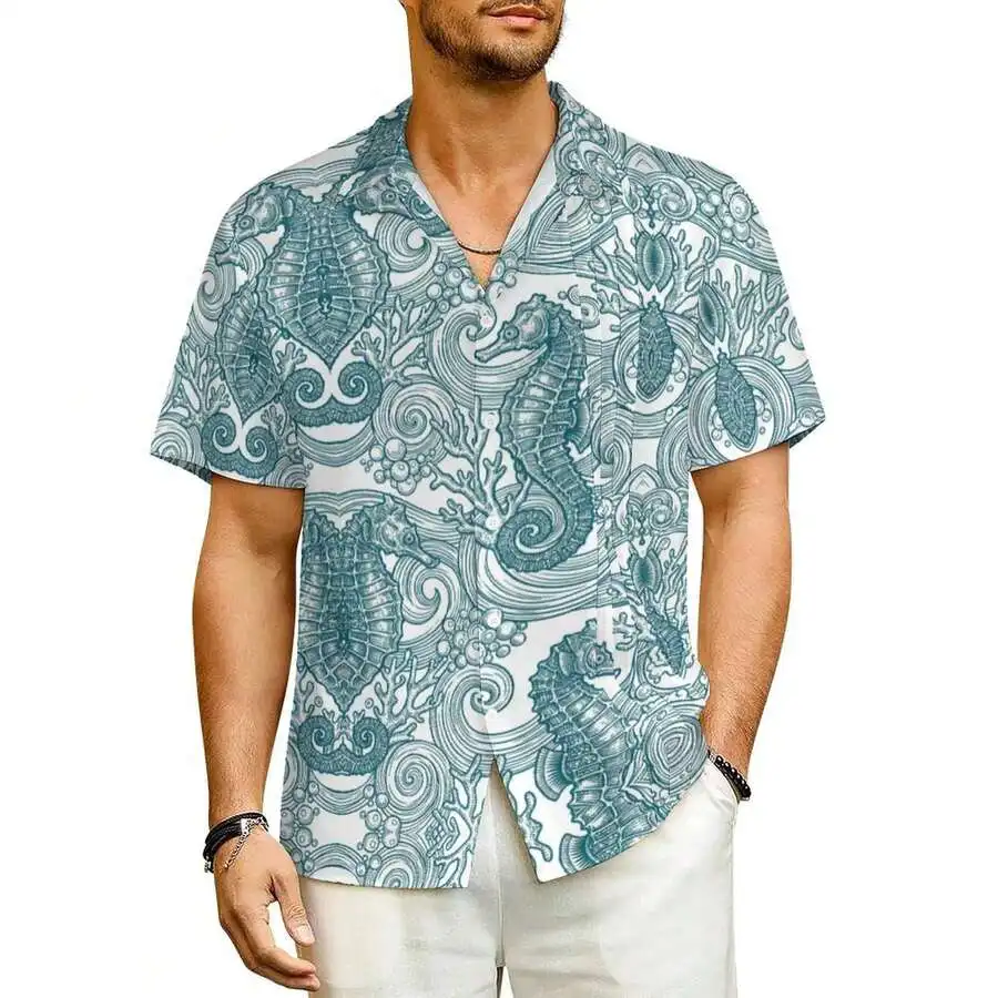 Ocean Wave Seahorse Print Casual Hawaiian Shirt With Turn-Down Collar And Button Placket
Ocean Wave Seahorse Print Casual Hawaiian Shirt With Turn-Down Collar And Button Placket
