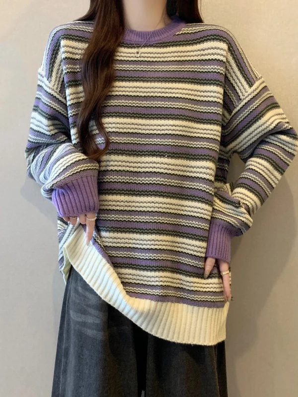 Purple Striped Knitwear Shoulder Length Women's Style Spring New plus Size Korean Atmosphere Anti-Aging Top
Purple Striped Knitwear Shoulder Length Women's Style Spring New plus Size Korean Atmosphere Anti-Aging Top