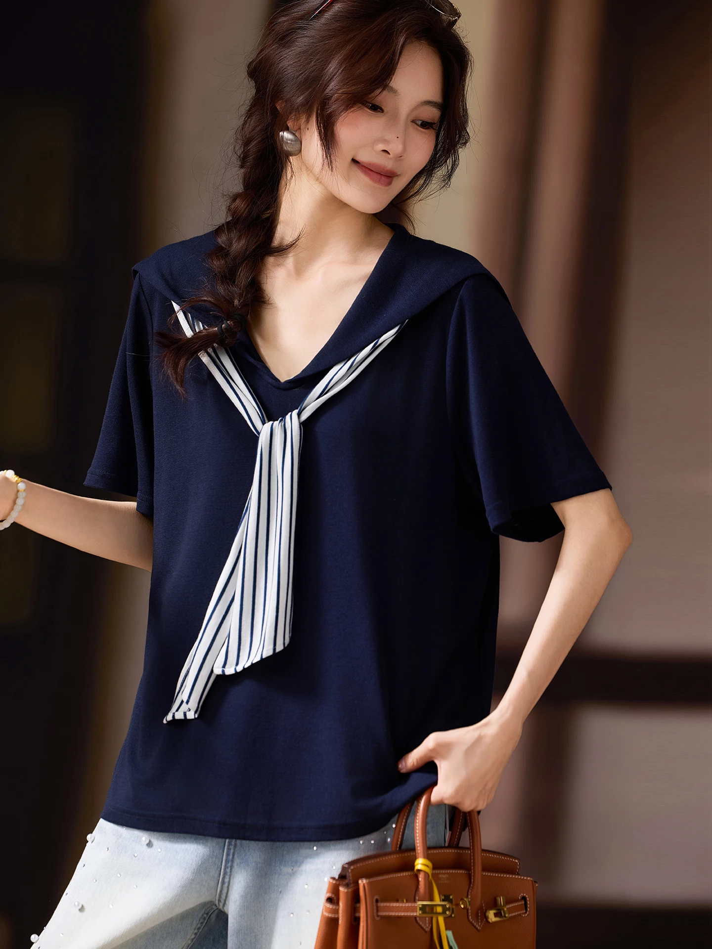 Street Style Knitted Short Sleeve T-Shirt Women's Summer New Navy Collar Top plus Size Casual Loose Fit Polyester Blend
Street Style Knitted Short Sleeve T-Shirt Women's Summer New Navy Collar Top plus Size Casual Loose Fit Polyester Blend