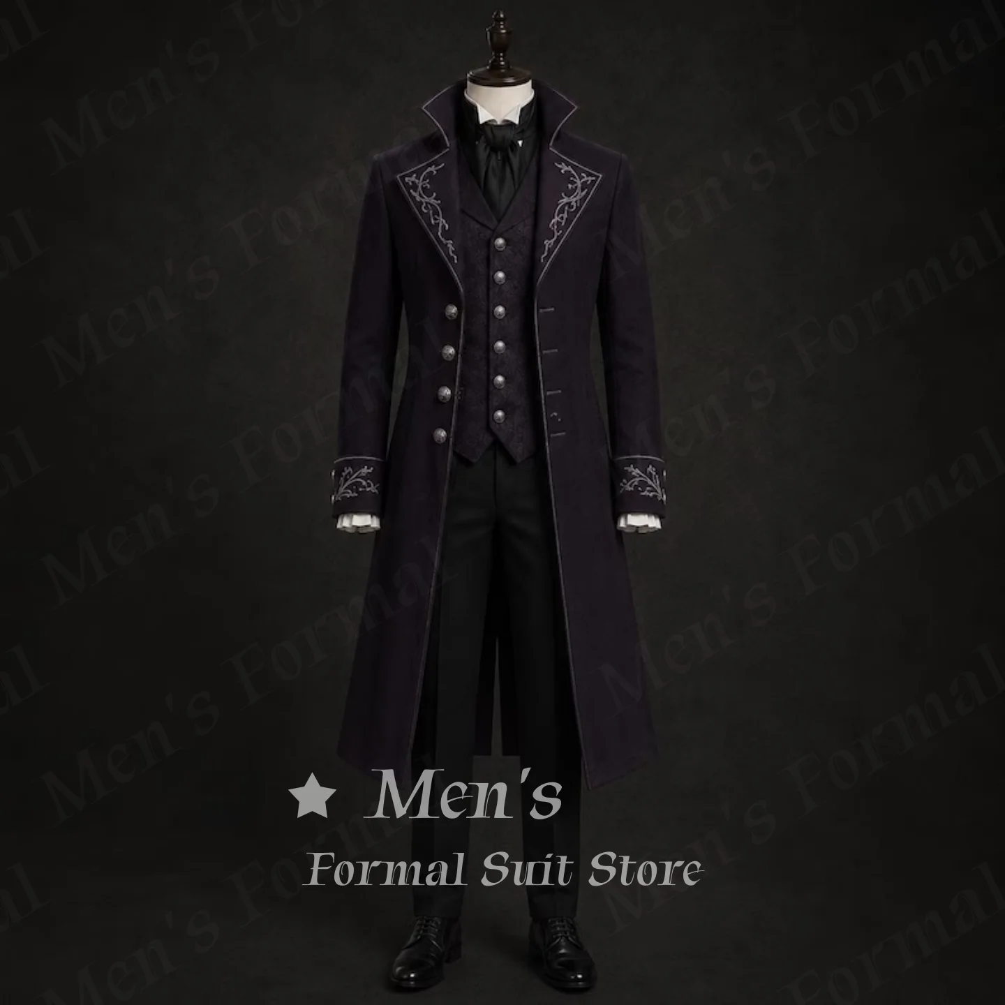 Men Dark Purple Silver Floral Embroidery 3 Piece Suit Tailcoat Waistcoat Pants Set Cosplay Wedding Groom Outfit Customized
Men Dark Purple Silver Floral Embroidery 3 Piece Suit Tailcoat Waistcoat Pants Set Cosplay Wedding Groom Outfit Customized