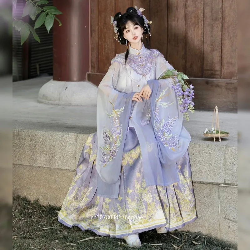 Spring Purple Ming Style Hanfu Set, Cloud Shoulder, Open Front Long Shirt & Mamian Skirt with Hairpin Flower
Spring Purple Ming Style Hanfu Set, Cloud Shoulder, Open Front Long Shirt & Mamian Skirt with Hairpin Flower