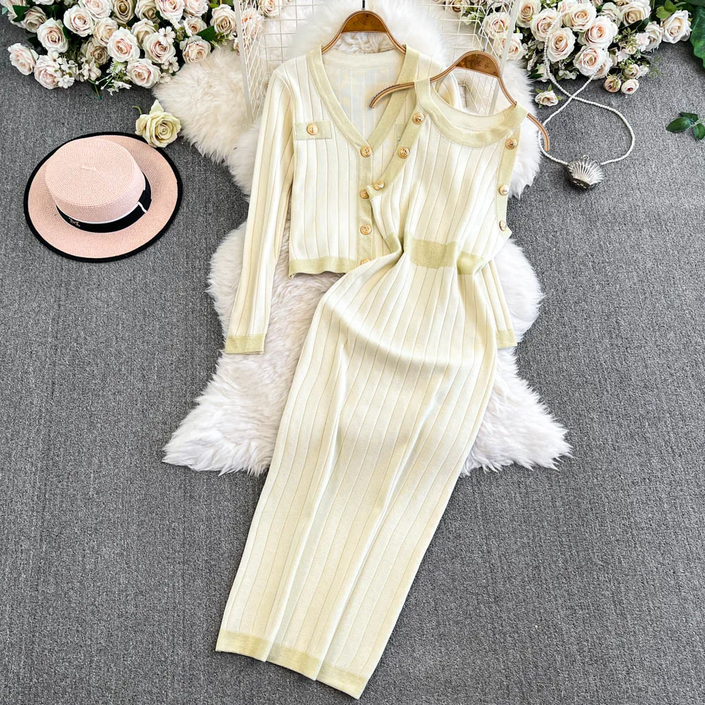 Women Elegant Knitted Dress Sets 2-piece Sets O-Neck Sleeveless Sweater Vest Dress + V-Neck Cardigan Tops Clothing Suits
Women Elegant Knitted Dress Sets 2-piece Sets O-Neck Sleeveless Sweater Vest Dress + V-Neck Cardigan Tops Clothing Suits