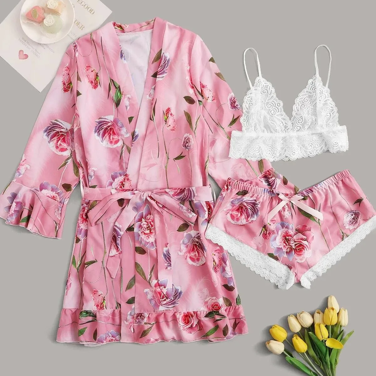 Luxury 3-Piece Printed Satin Lounge Set - Lace Trim Camisole + Shorts + Kimono Robe | Women's Sexy Sleepwear
Luxury 3-Piece Printed Satin Lounge Set - Lace Trim Camisole + Shorts + Kimono Robe | Women's Sexy Sleepwear