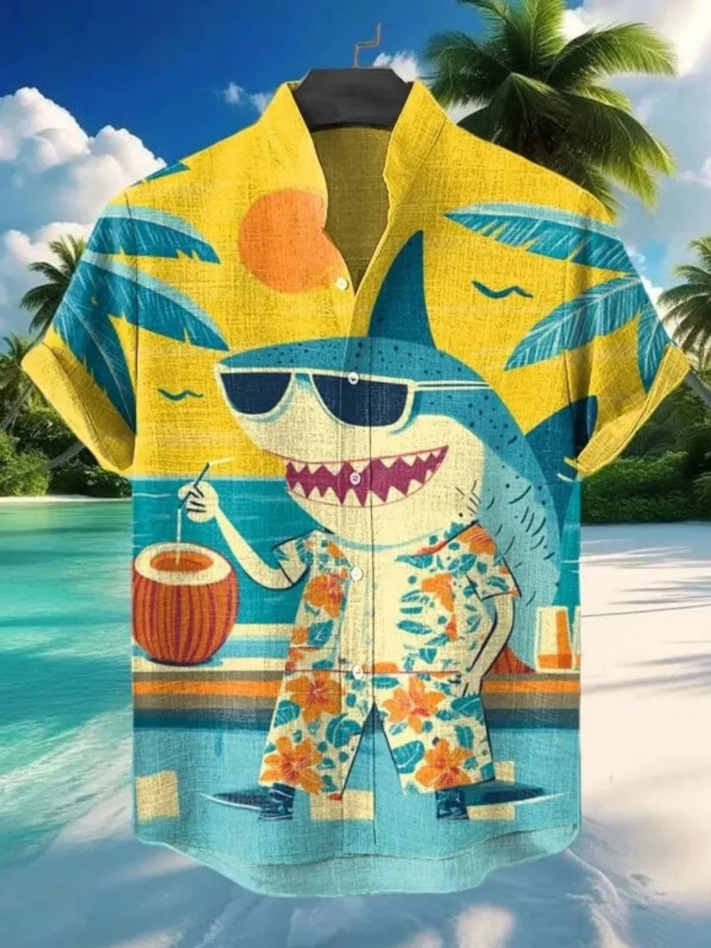 Cool shark coconut juice pattern men's short sleeved button up shirt for tropical vacation Hawaii stand up collar design shirt
Cool shark coconut juice pattern men's short sleeved button up shirt for tropical vacation Hawaii stand up collar design shirt