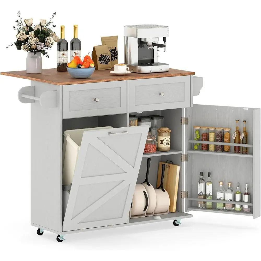 Mobile Kitchen Island Cart with Built-In Trash Bin, Drop Leaf, 2 Drawers, Towel Bar, Rolling Breakfast Bar, Wooden Storage Cart
Mobile Kitchen Island Cart with Built-In Trash Bin, Drop Leaf, 2 Drawers, Towel Bar, Rolling Breakfast Bar, Wooden Storage Cart
