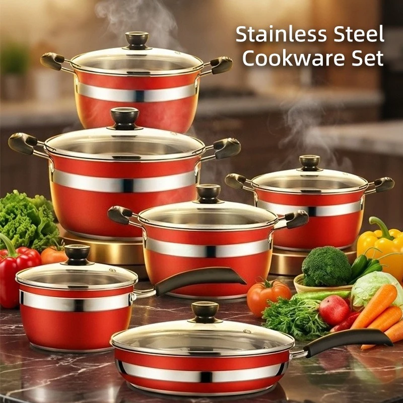 12pcs Kitchen Cooking Polishing Thickened Stainless Steel Pots and Pans Non Stick Cookware Set With Glass Lid
12pcs Kitchen Cooking Polishing Thickened Stainless Steel Pots and Pans Non Stick Cookware Set With Glass Lid