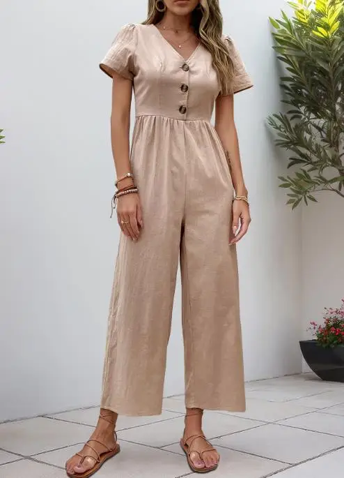 Summer Leisure Vacation Style Multifunctional Solid Color V-Neck Waist Button Pocket Solid Color Women's Wide Leg Jumpsuit
Summer Leisure Vacation Style Multifunctional Solid Color V-Neck Waist Button Pocket Solid Color Women's Wide Leg Jumpsuit