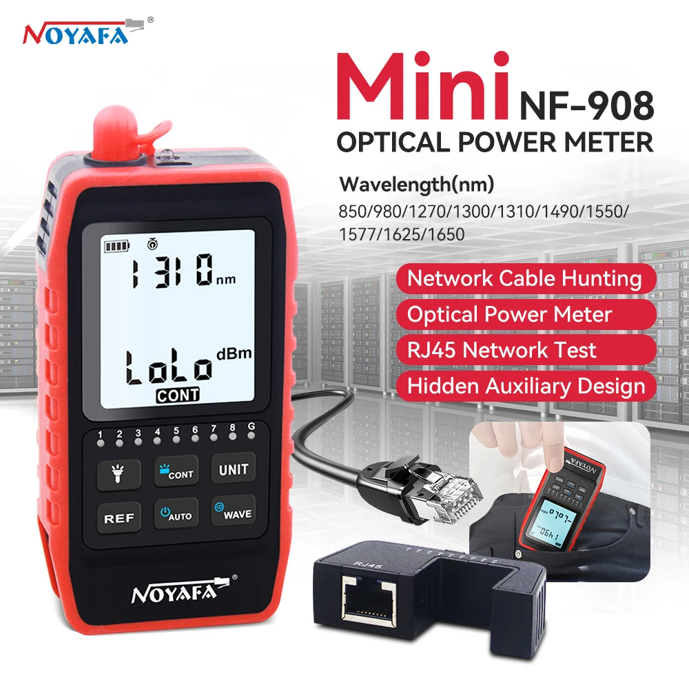 NF-908 Handheld Mini Optical Power Meter VFL OPM Fiber Optical Cable Tester -60~+8dbm SC/FC/ST Universal Port Support lighting
NF-908 Handheld Mini Optical Power Meter VFL OPM Fiber Optical Cable Tester -60~+8dbm SC/FC/ST Universal Port Support lighting