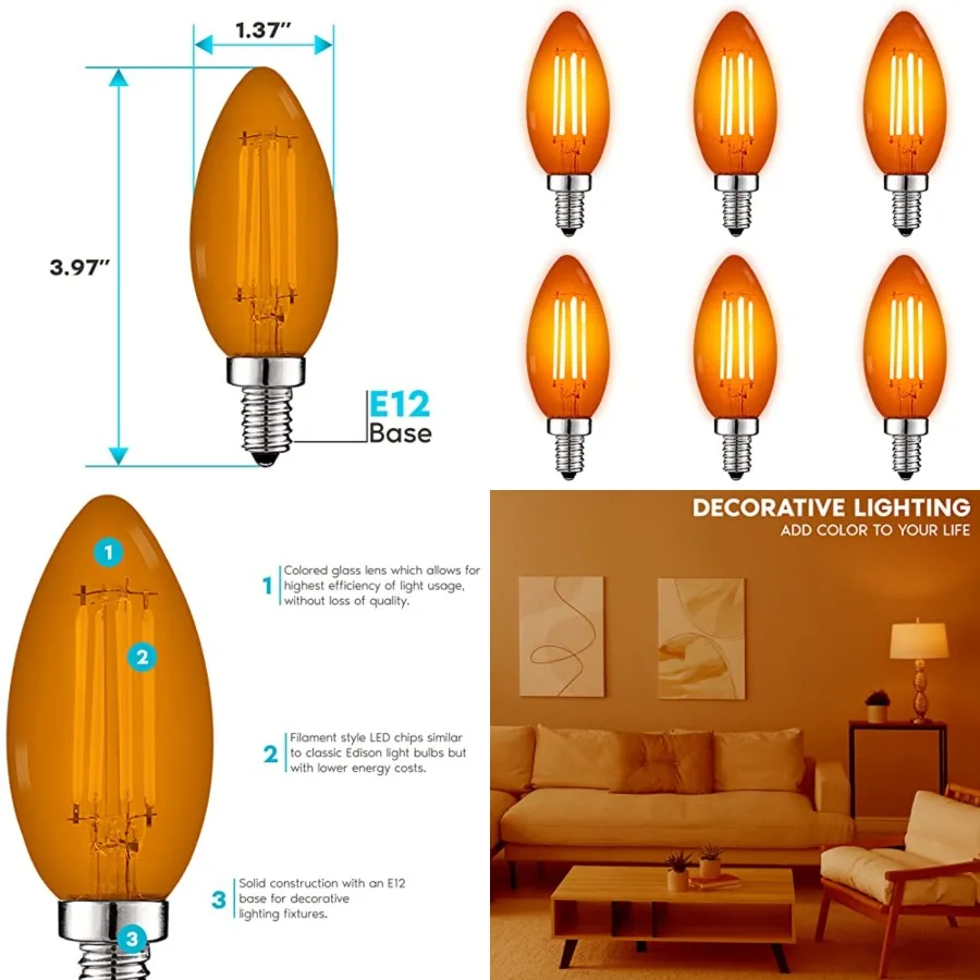 E12 LED Filament Light Bulb, 4.5W 40W Equivalent,Colo Glass Candelabra Bulb, UL Listed, E12 Base, Indoor Outdoor, Porch, Decora
E12 LED Filament Light Bulb, 4.5W 40W Equivalent,Colo Glass Candelabra Bulb, UL Listed, E12 Base, Indoor Outdoor, Porch, Decora