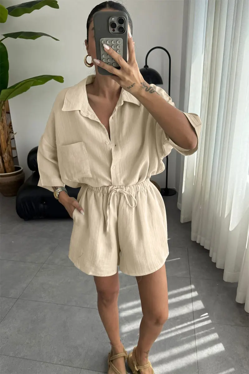 Summer Women's Two Piece Casual Short Sleeve Shirt Sets 2025 Fashion Button Outfits Suit Solid Pocket Shorts 2 Piece Set Women
Summer Women's Two Piece Casual Short Sleeve Shirt Sets 2025 Fashion Button Outfits Suit Solid Pocket Shorts 2 Piece Set Women