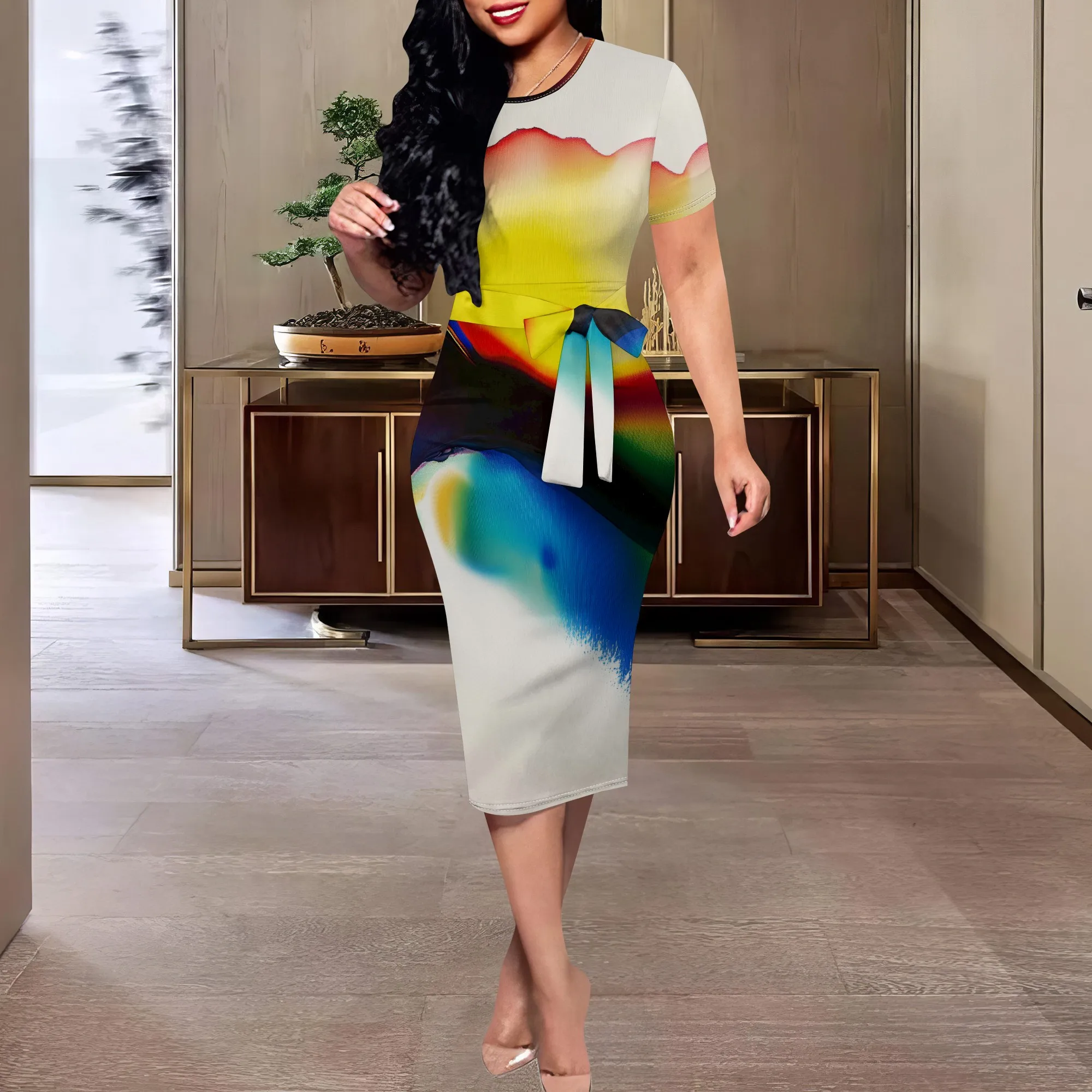 Rainbow Ink Print Midi Dress XS-3XL Short Sleeve Belted Bodycon Style for Art Gallery, Summer Streetwear or Creative Party Look
Rainbow Ink Print Midi Dress XS-3XL Short Sleeve Belted Bodycon Style for Art Gallery, Summer Streetwear or Creative Party Look