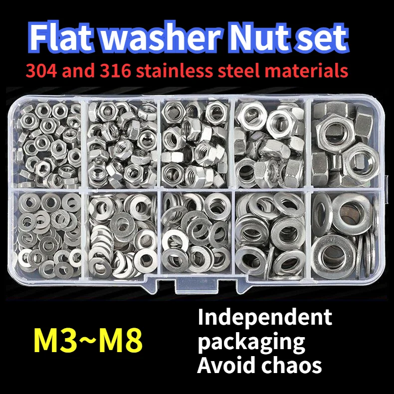 270pcs 304 Stainless Steel Flat Washers Set With Nut Perfect For Home Decor Factory Repair Kitchens M3 M4 M5 M6 M8
270pcs 304 Stainless Steel Flat Washers Set With Nut Perfect For Home Decor Factory Repair Kitchens M3 M4 M5 M6 M8