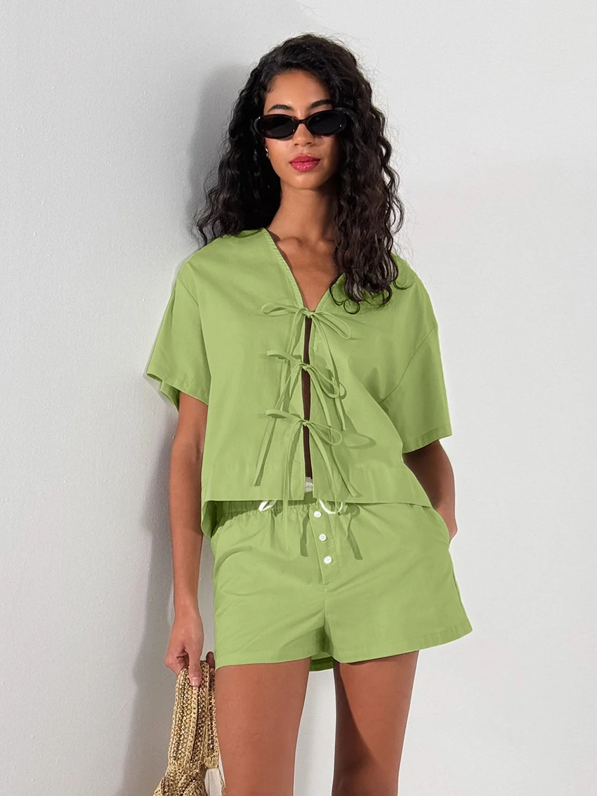 Marthaqiqi Cotton Ladies Pajamas Set Lace Up Sleepwear Short Sleeve Nightie Sexy V-Neck Nightgowns Shorts Casual Nightwear Suit
Marthaqiqi Cotton Ladies Pajamas Set Lace Up Sleepwear Short Sleeve Nightie Sexy V-Neck Nightgowns Shorts Casual Nightwear Suit