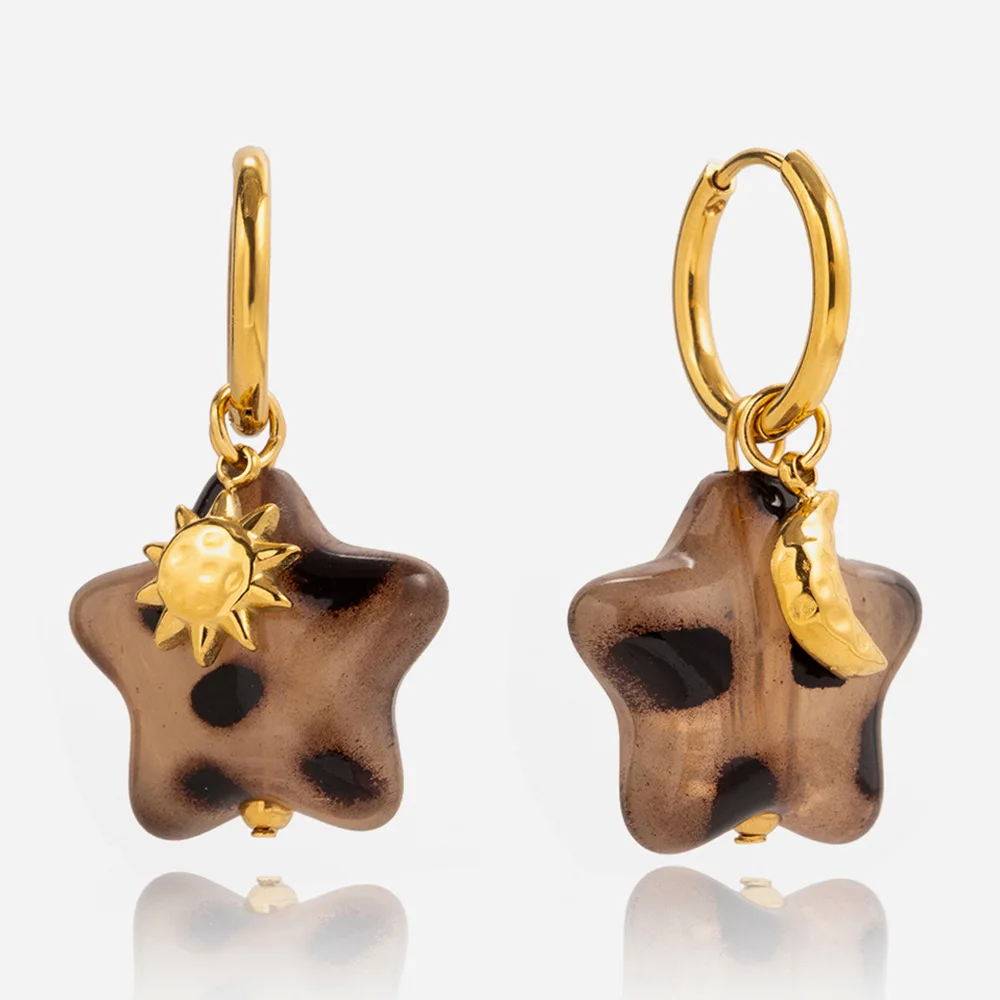 Leopard Print Resin Star Drop Earrings for Women 18K Gold Plated Stainless Steel Moon Sun Asymmetric Earrings Gift
Leopard Print Resin Star Drop Earrings for Women 18K Gold Plated Stainless Steel Moon Sun Asymmetric Earrings Gift