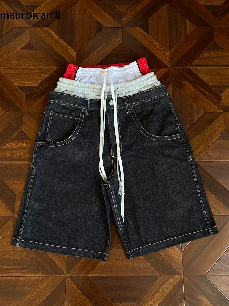 Mauroicardi Spring Summer Three-Waist Spliced Original Denim Wide Leg Shorts for Men Low Waist Calf-Length Pants Emo Clothes
Mauroicardi Spring Summer Three-Waist Spliced Original Denim Wide Leg Shorts for Men Low Waist Calf-Length Pants Emo Clothes