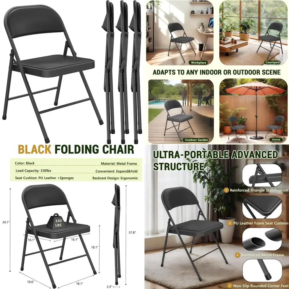 4-Pack Comfortable PU Leather Padded Folding Chairs for Outdoor and Indoor Use, Heavy-Duty Portable Metal Chairs
4-Pack Comfortable PU Leather Padded Folding Chairs for Outdoor and Indoor Use, Heavy-Duty Portable Metal Chairs