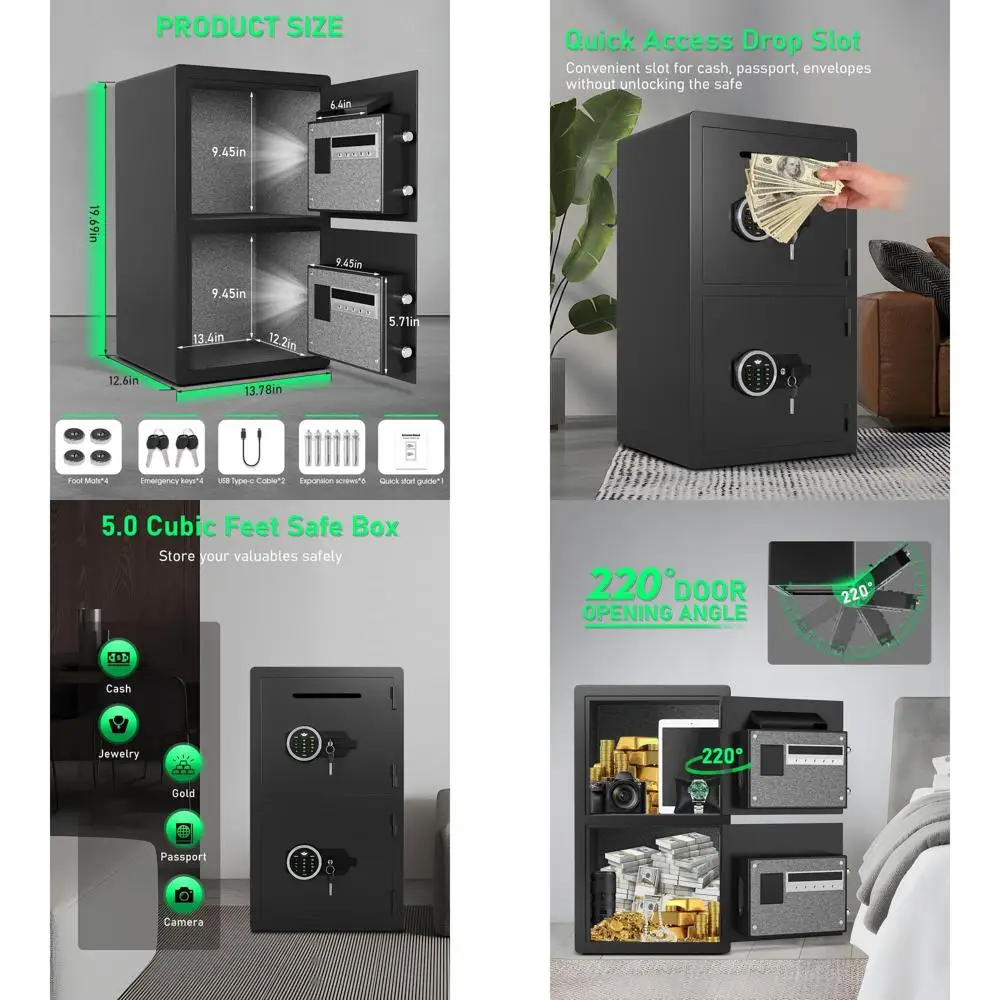 Сверхбольшой водонепроницаемый цифровой сейф с отсеком для вкладов и подсветкой клавиатуры для дома или офиса
Сверхбольшой водонепроницаемый цифровой сейф с отсеком для вкладов и подсветкой клавиатуры для дома или офиса