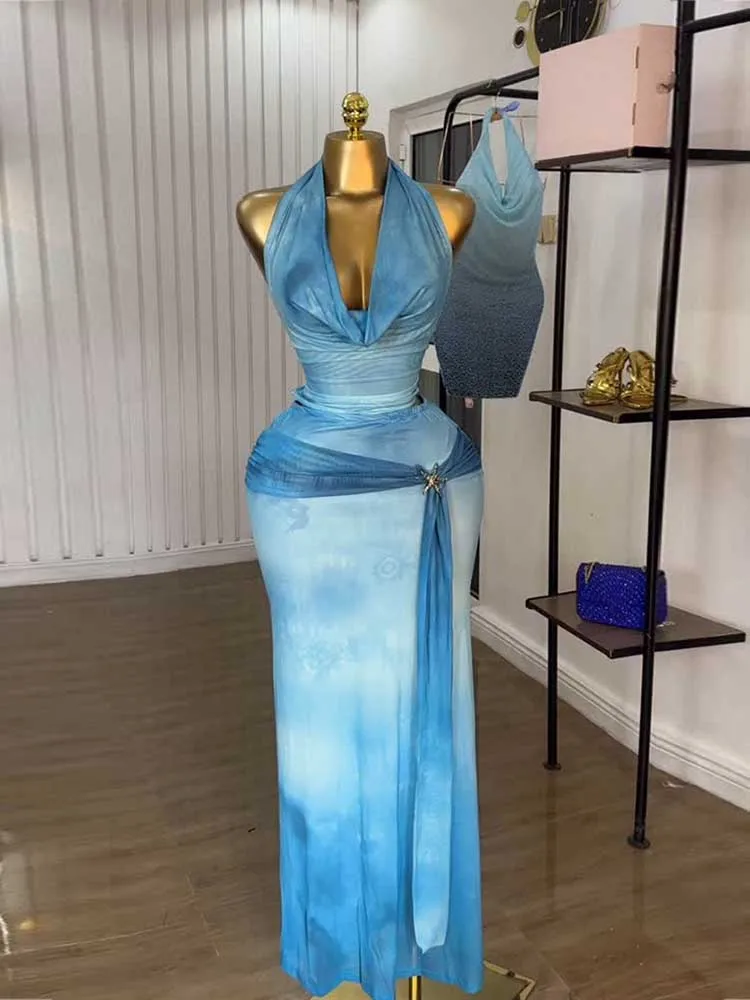 2-piece Skirt Set for Women Elegant Sexy Outfits Halter V Neck Top and Sky Blue Dress Set Slimming Skirt and Top Evening Set
2-piece Skirt Set for Women Elegant Sexy Outfits Halter V Neck Top and Sky Blue Dress Set Slimming Skirt and Top Evening Set