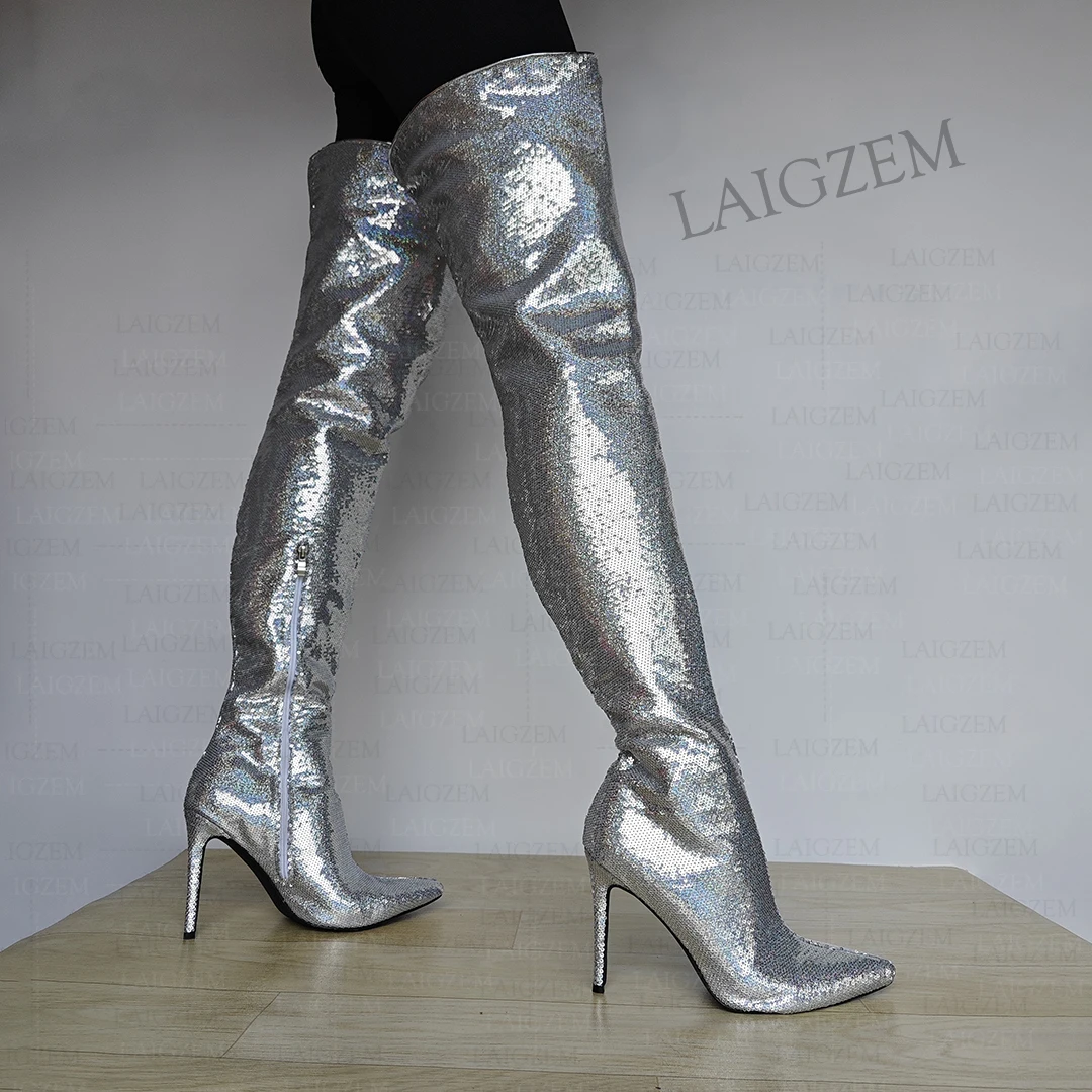 LAIGZEM Women Thigh High Boots Pointed Toe Bling Sequined Thin High Heels Boots Over Knee Side Zip Shoes Woman Big Size 41 45 47
LAIGZEM Women Thigh High Boots Pointed Toe Bling Sequined Thin High Heels Boots Over Knee Side Zip Shoes Woman Big Size 41 45 47