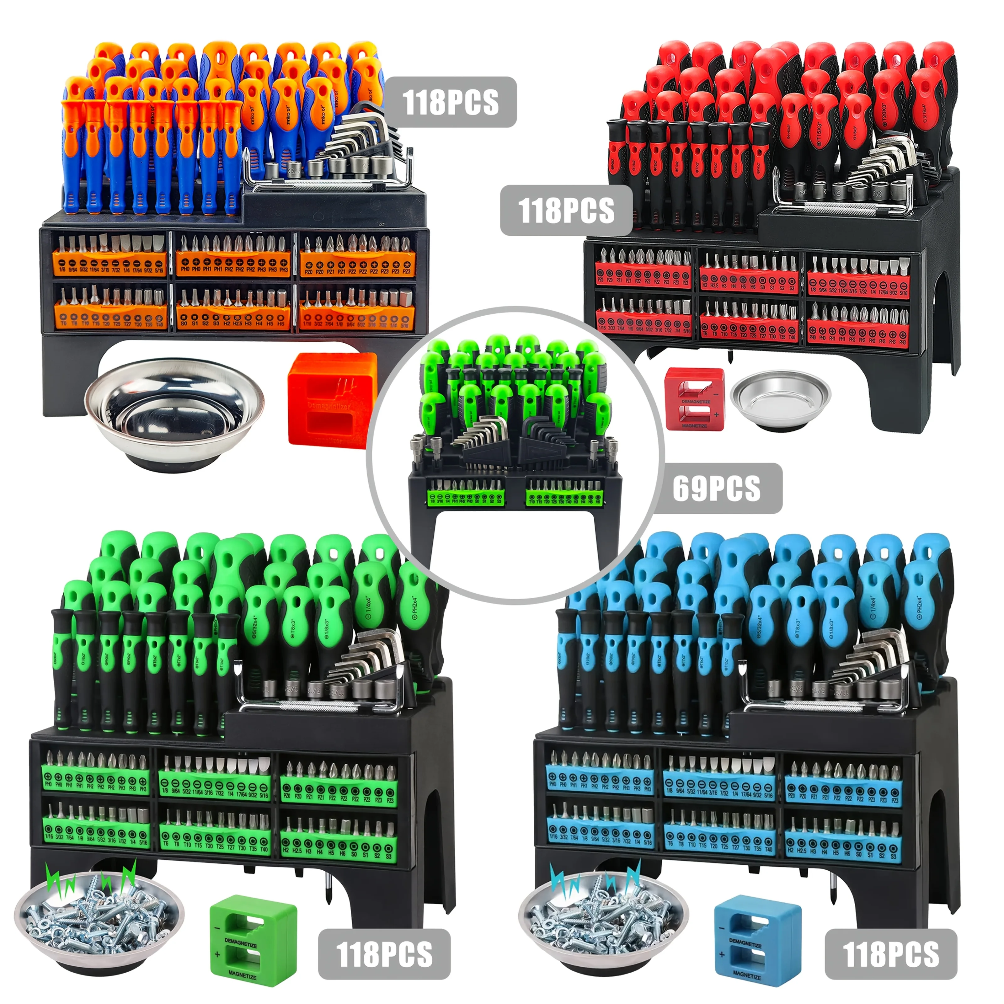 118/69pcs Magnetic Screwdriver Set with Plastic Organizer, Includes Precision, Slotted, Phillips, Hex, Pozidriv, Torx Screwdriver Set And Magnetizer Demagnetizer DIY Tools - Perfect Tools Gift for Men (Green/Red/Blue/Orange&Blue)
118/69pcs Magnetic Screwdriver Set with Plastic Organizer, Includes Precision, Slotted, Phillips, Hex, Pozidriv, Torx Screwdriver Set And Magnetizer Demagnetizer DIY Tools - Perfect Tools Gift for Men (Green/Red/Blue/Orange&Blue)