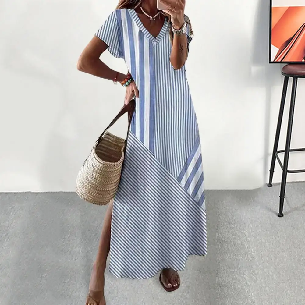 Irregular Stripe Maxi Dress Striped Print V Neck Maxi Dress for Women with Side Split Short Sleeves A-line Loose Vacation Beach
Irregular Stripe Maxi Dress Striped Print V Neck Maxi Dress for Women with Side Split Short Sleeves A-line Loose Vacation Beach
