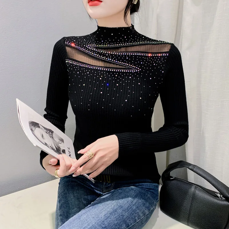 Spring Autumn Long Sleeved Turtleneck Sexy Mesh Perspective Knitted Sweater Fashion Slim Hot Diamond Women Pullovers
Spring Autumn Long Sleeved Turtleneck Sexy Mesh Perspective Knitted Sweater Fashion Slim Hot Diamond Women Pullovers