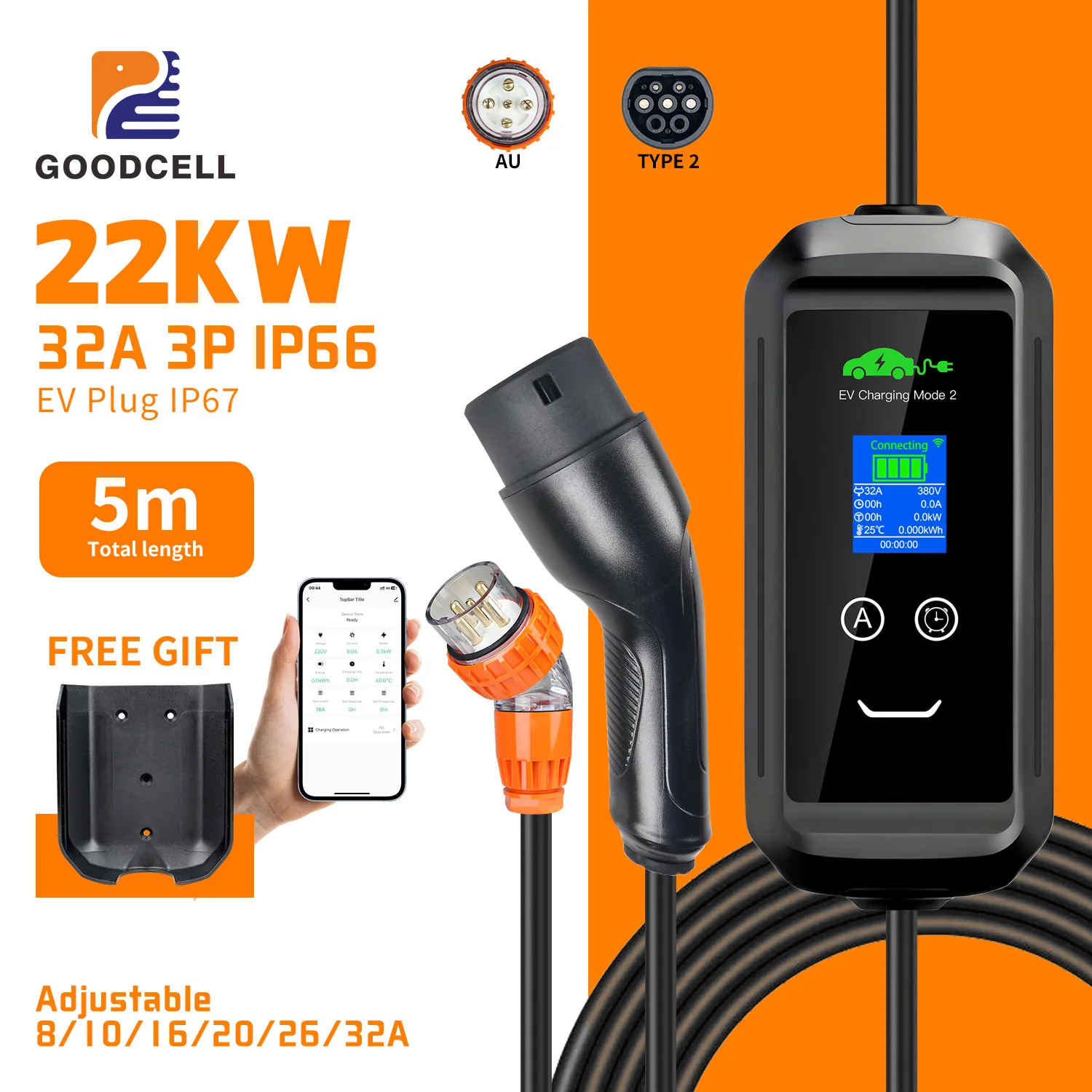 GOODCELL AUNZ 22KW 32A Tuya APP Портативное зарядное устройство для электромобилей Type2 IEC62196-2 Зарядное устройство EVSE Автомобильное зарядное устройство CEE Plug 5M Кабель 
GOODCELL AUNZ 22KW 32A Tuya APP Портативное зарядное устройство для электромобилей Type2 IEC62196-2 Зарядное устройство EVSE Автомобильное зарядное устройство CEE Plug 5M Кабель