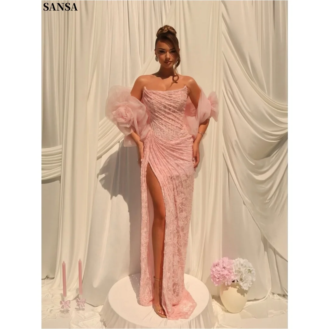 Sansa Customized Luxury Pink Strapless Lace Evening Gown with Tulle Puff Sleeves High Slit Ruched Formal Cocktail Party Dresses
Sansa Customized Luxury Pink Strapless Lace Evening Gown with Tulle Puff Sleeves High Slit Ruched Formal Cocktail Party Dresses