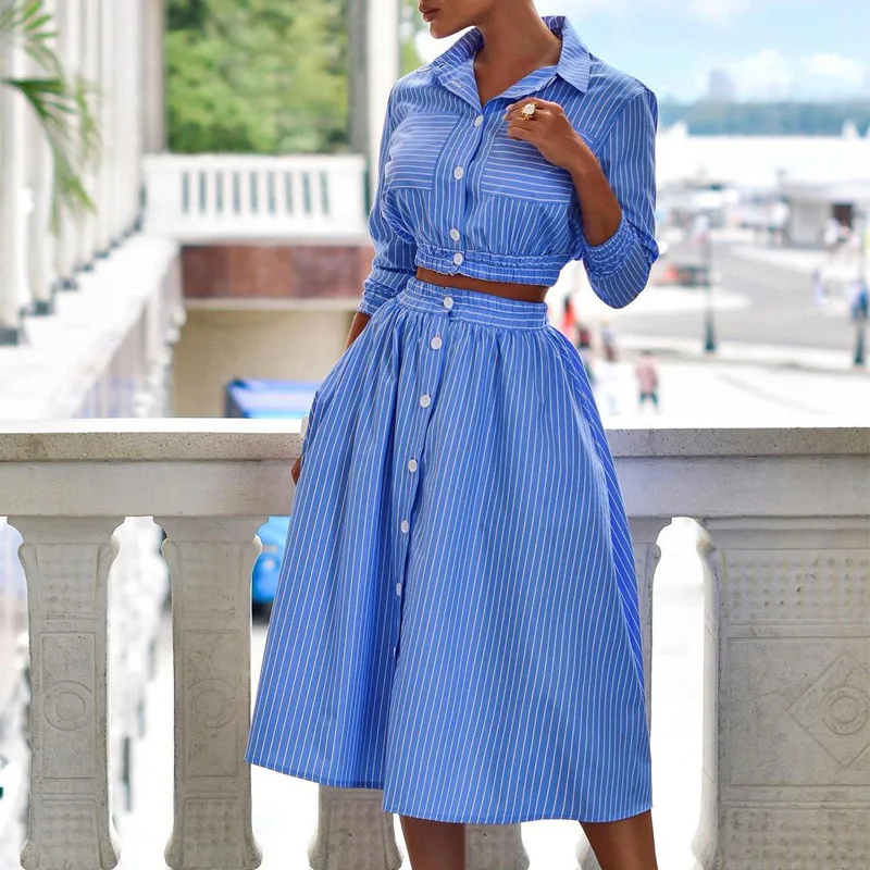 Elegant Blue Stripe Turn Down Collar Single Breasted Skirt 2 Pieces Fashion Long Sleeve Button Short High Waist Pleated Skirts
Elegant Blue Stripe Turn Down Collar Single Breasted Skirt 2 Pieces Fashion Long Sleeve Button Short High Waist Pleated Skirts