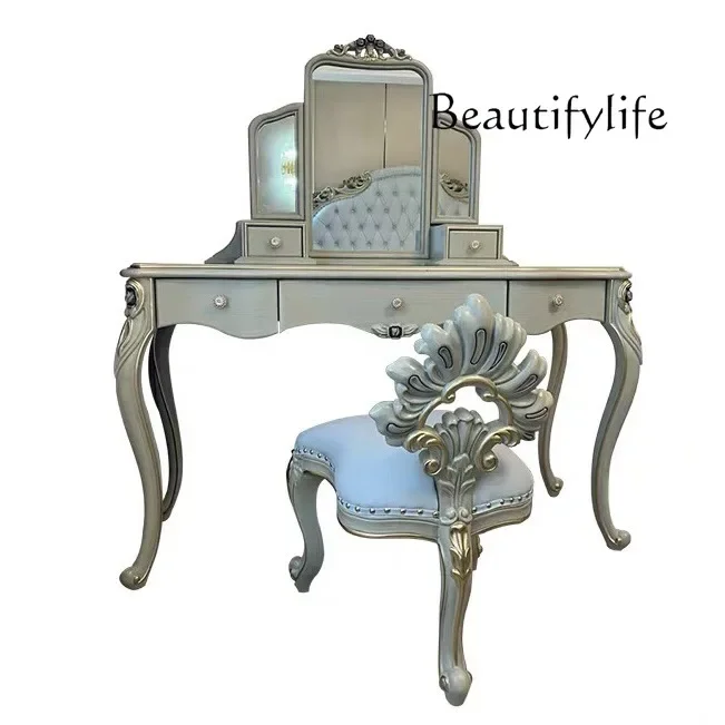 French light luxury solid wood carved dresser dressing chair bedroom European simple makeup table storage
French light luxury solid wood carved dresser dressing chair bedroom European simple makeup table storage