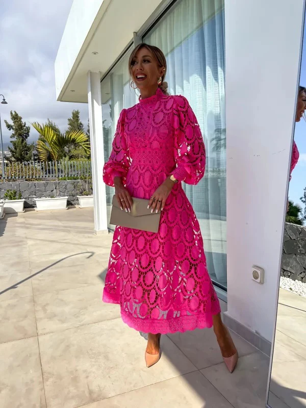Temperament Elegant Solid Color Dresses Women See Through Lace Patchwork Puff Sleeves Stand Collar Slim Long Dress Lady Vestidos
Temperament Elegant Solid Color Dresses Women See Through Lace Patchwork Puff Sleeves Stand Collar Slim Long Dress Lady Vestidos