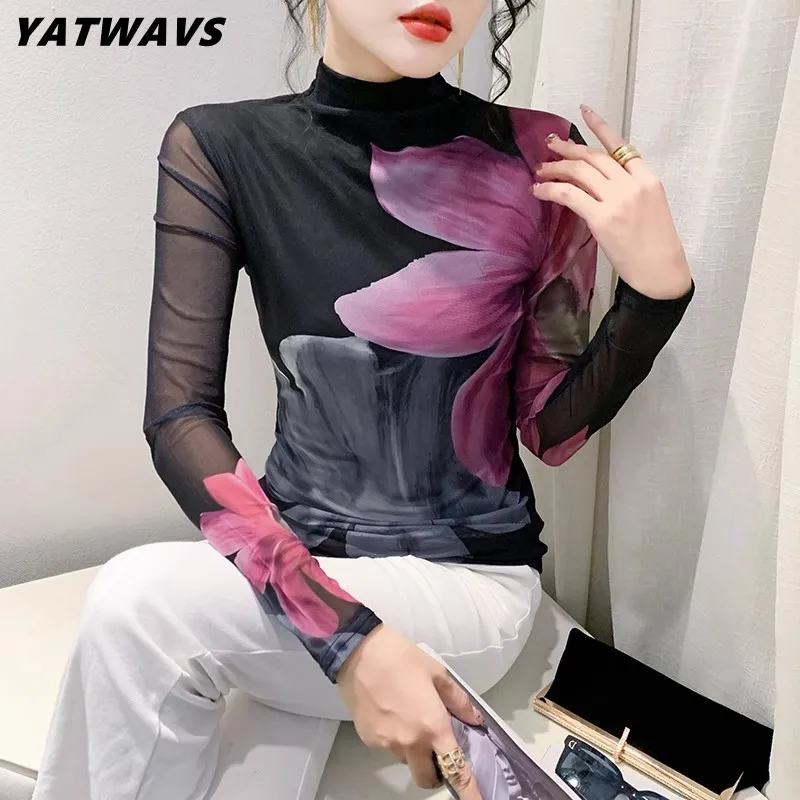Fall/Winter 2023 new Fashion Trend Mesh High Neck T-shirt Women's Long Sleeved Printed Slim Women's Exquisite Stretch Top
Fall/Winter 2023 new Fashion Trend Mesh High Neck T-shirt Women's Long Sleeved Printed Slim Women's Exquisite Stretch Top