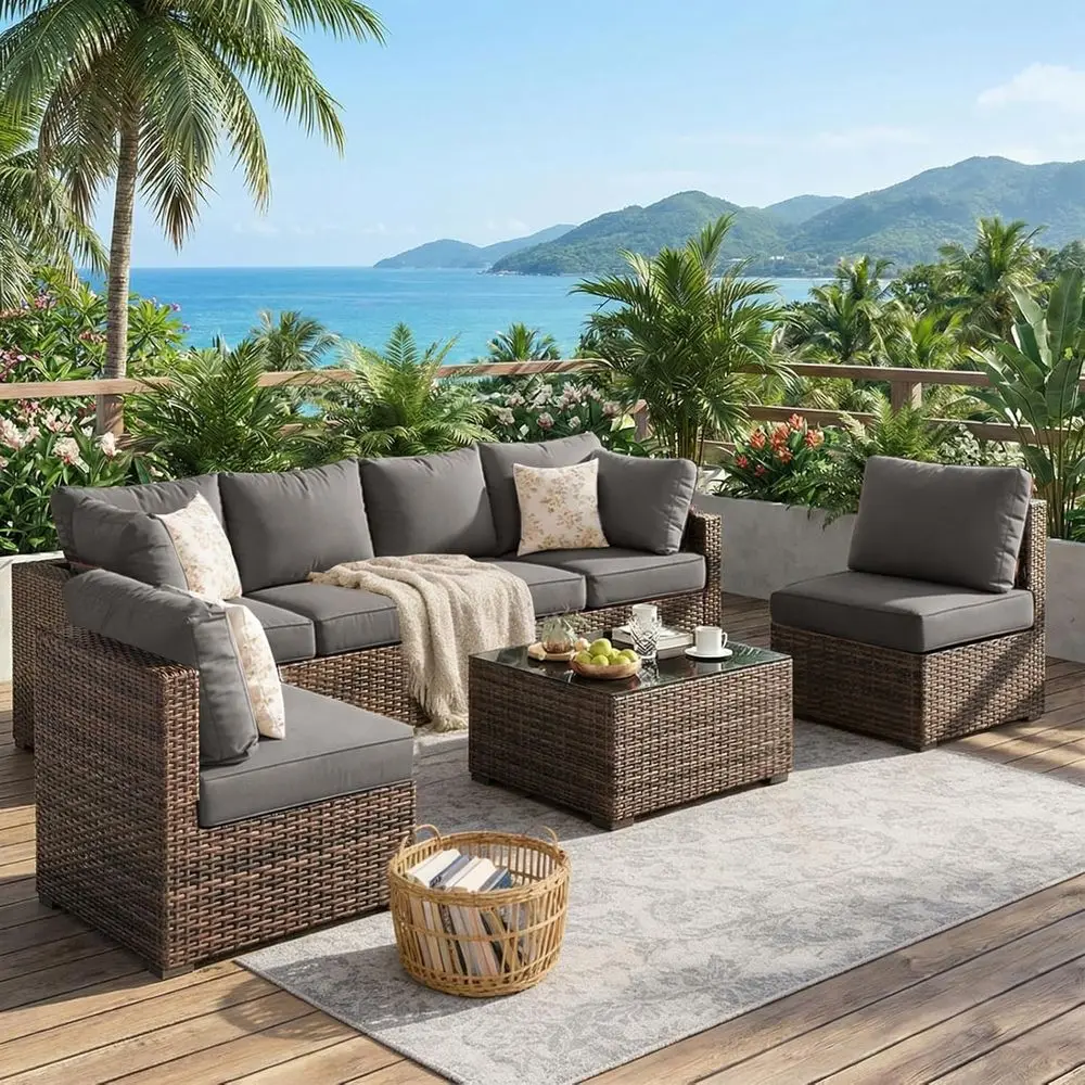 7-Piece Outdoor Wicker Sectional Sofa Set with Cushions and Glass Table for Patio, Deck, or Porch (Grey)
7-Piece Outdoor Wicker Sectional Sofa Set with Cushions and Glass Table for Patio, Deck, or Porch (Grey)