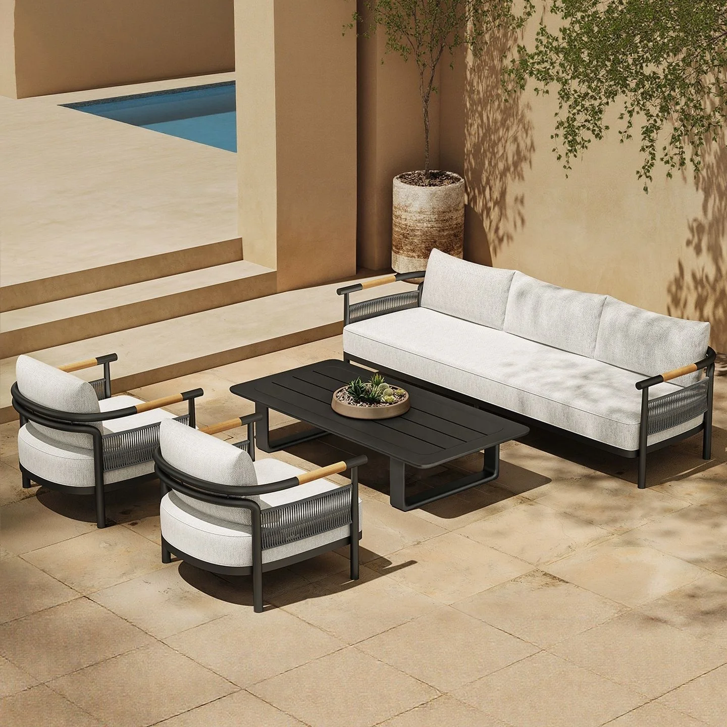 #Modern Outdoor Aluminum Sofa Set with Rope Weaving & Light Gray Cushions Patio Furniture for Poolside Garden Balcony
#Modern Outdoor Aluminum Sofa Set with Rope Weaving & Light Gray Cushions Patio Furniture for Poolside Garden Balcony