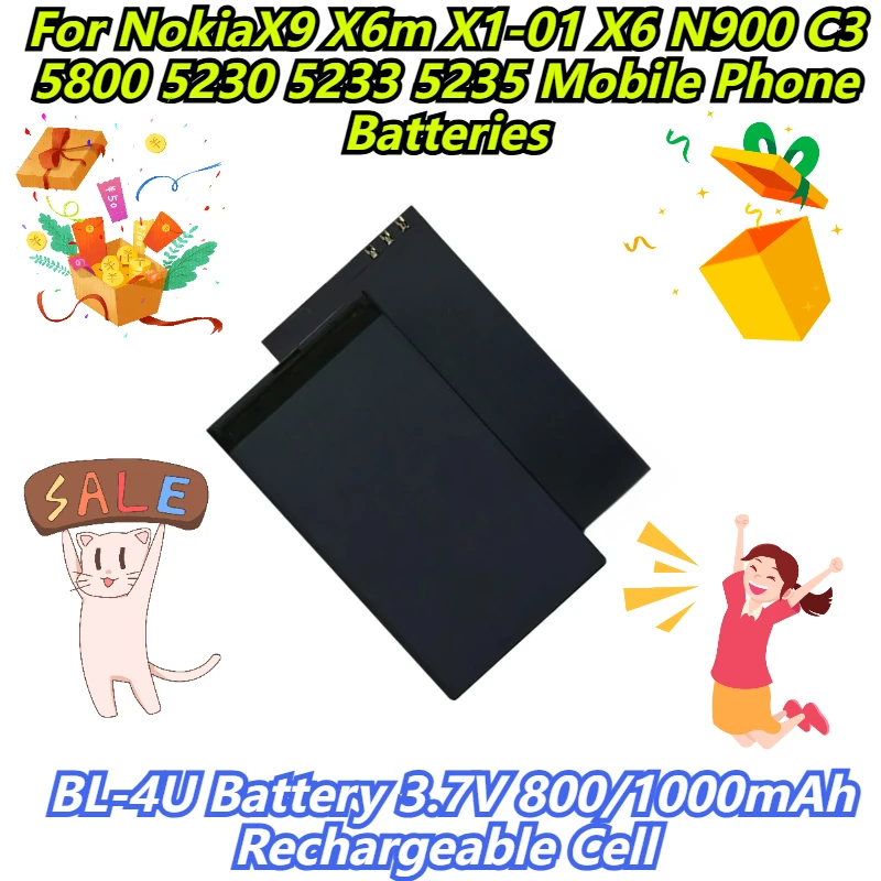 BL-4U Battery 3.7V 800/1000mAh Rechargeable Cell For NokiaX9 X6m X1-01 X6 N900 C3 5800 5230 5233 5235 Mobile Phone Batteries
BL-4U Battery 3.7V 800/1000mAh Rechargeable Cell For NokiaX9 X6m X1-01 X6 N900 C3 5800 5230 5233 5235 Mobile Phone Batteries