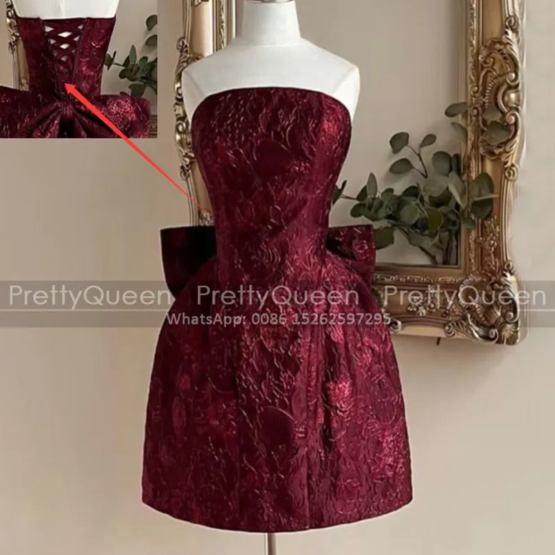 Burgundy Short Bridesmaid Dresses With Bow Strapless Customized Corset Back Mini Wedding Party Dress
Burgundy Short Bridesmaid Dresses With Bow Strapless Customized Corset Back Mini Wedding Party Dress