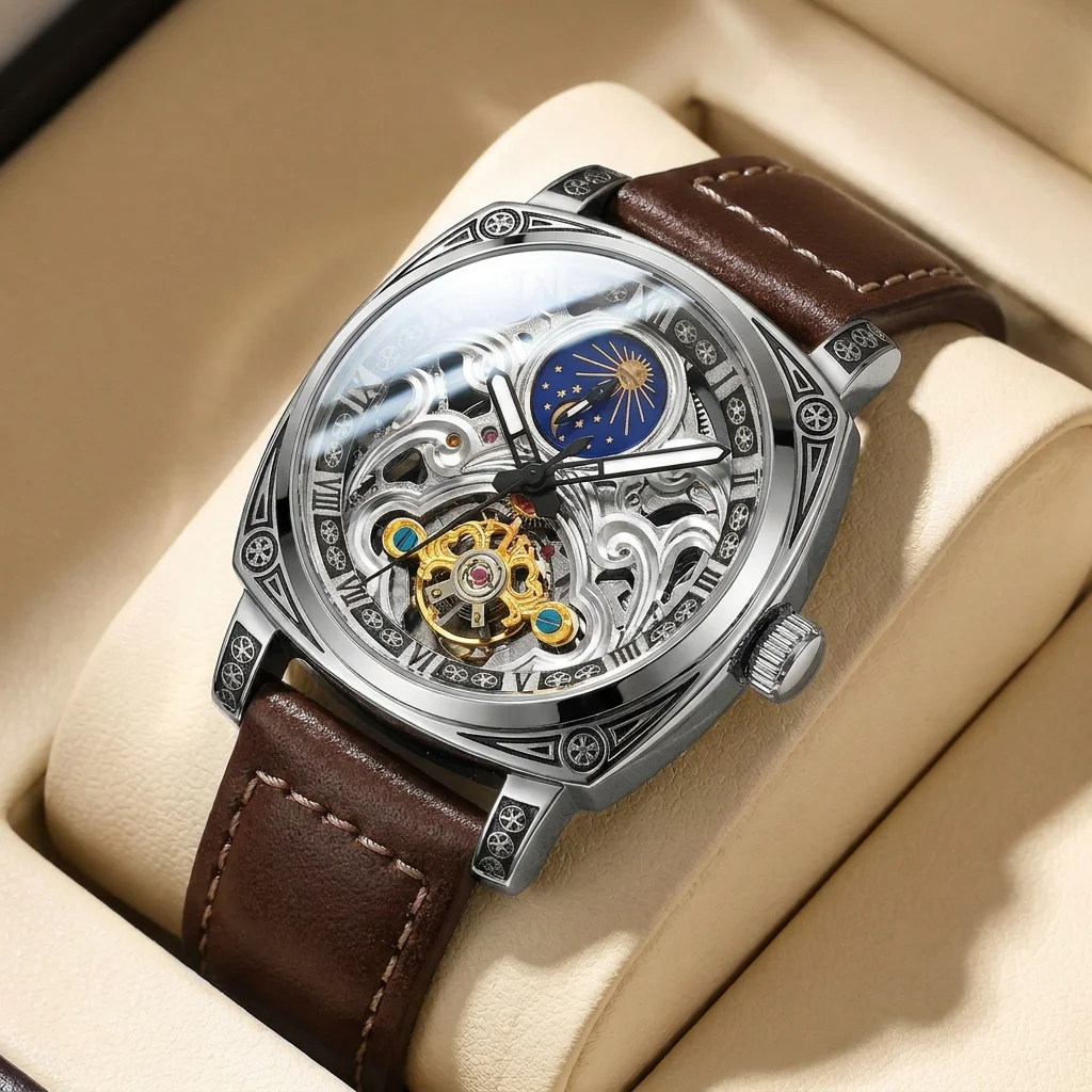 1pcs Men's silver dial leather strap vintage fashion skeleton gear luxury details Mechanical Watch for daily business party holi
1pcs Men's silver dial leather strap vintage fashion skeleton gear luxury details Mechanical Watch for daily business party holi