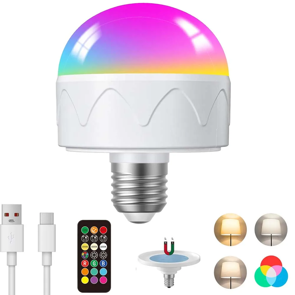 Rechargeable LED Bulb w/Remote, 3 Color Temps, 4 RGB Modes, Dimmable Light, USB - C, Suitable for Indoor/Table/Night Light
Rechargeable LED Bulb w/Remote, 3 Color Temps, 4 RGB Modes, Dimmable Light, USB - C, Suitable for Indoor/Table/Night Light